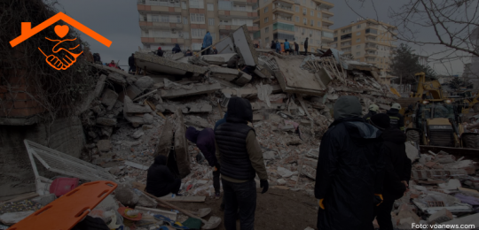 Auf dem Bild erkennt man Erdbeben-Überlebende, die vor Trümmern stehen.